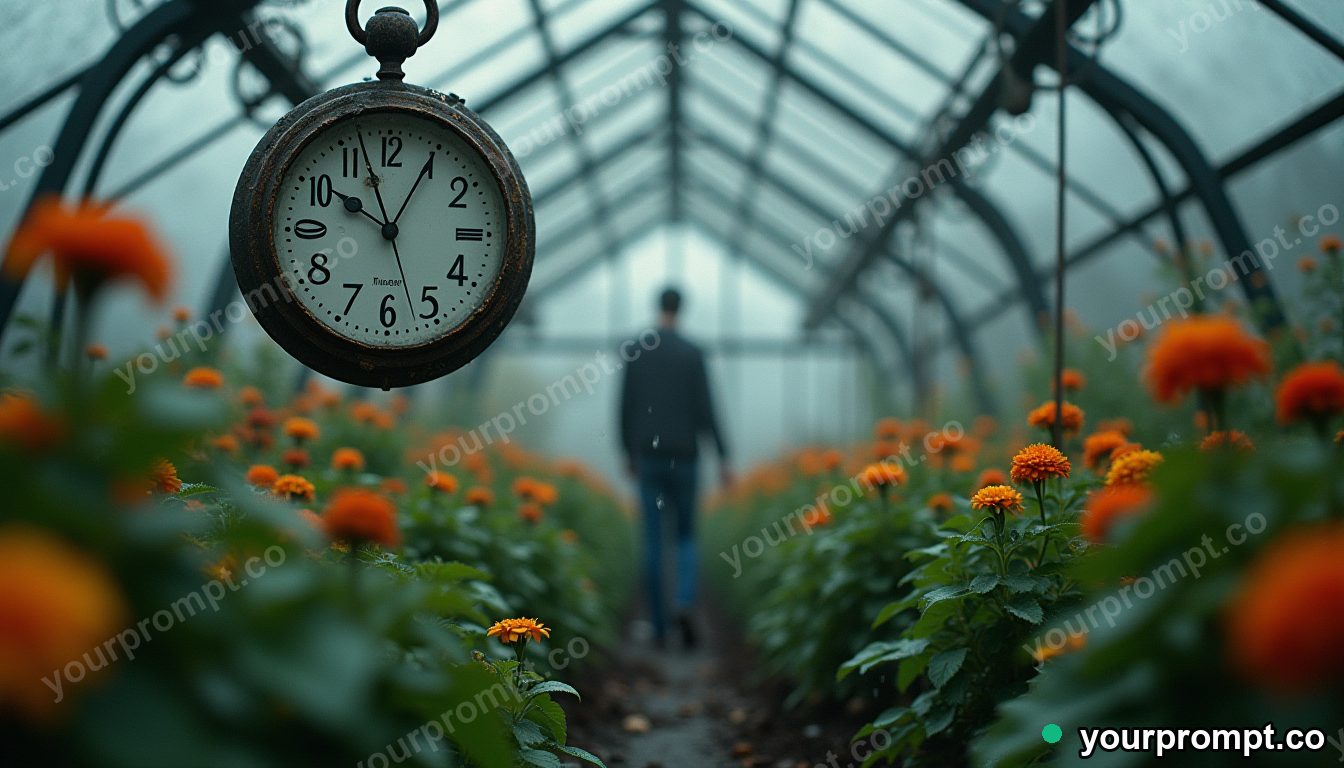 Rainy greenhouse full of clocks in cinematic style — AI-generated image from a text prompt