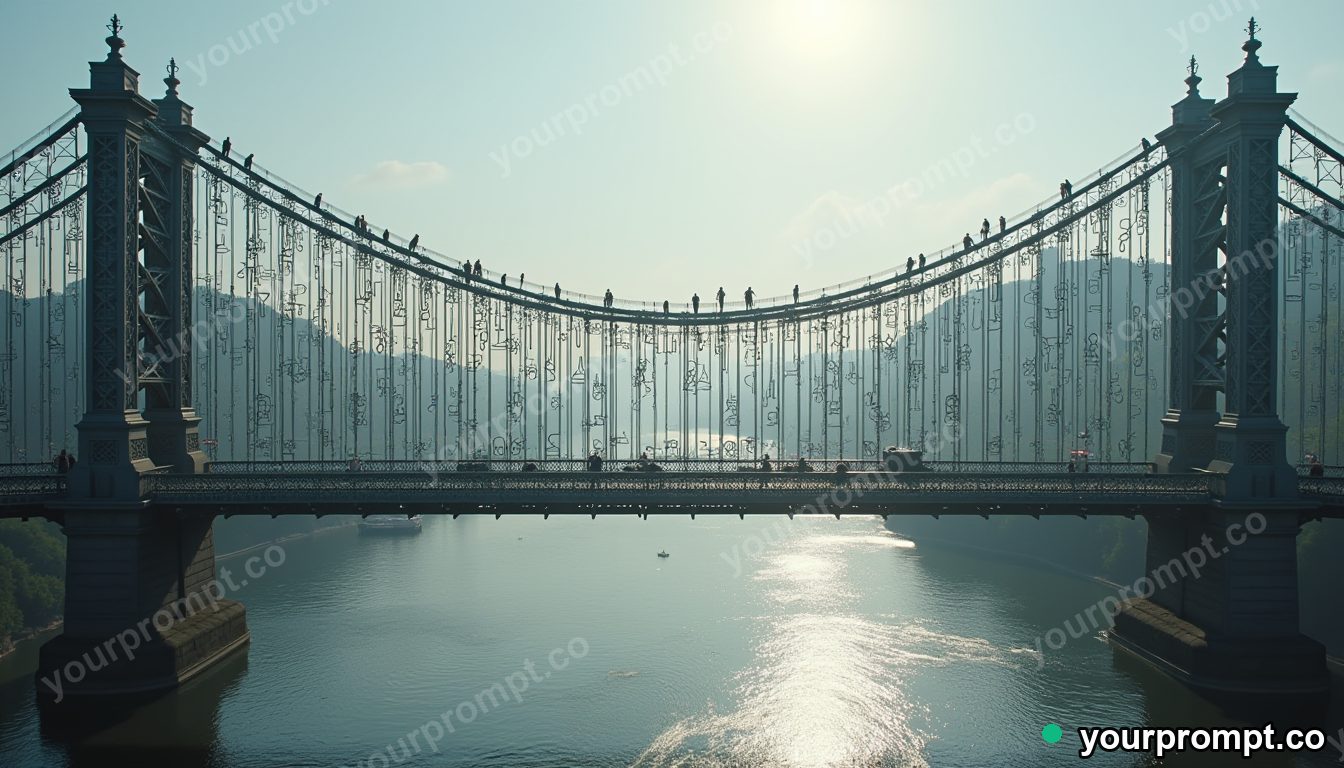 Paperclip suspension bridge in cinematic style — AI-generated image from a text prompt