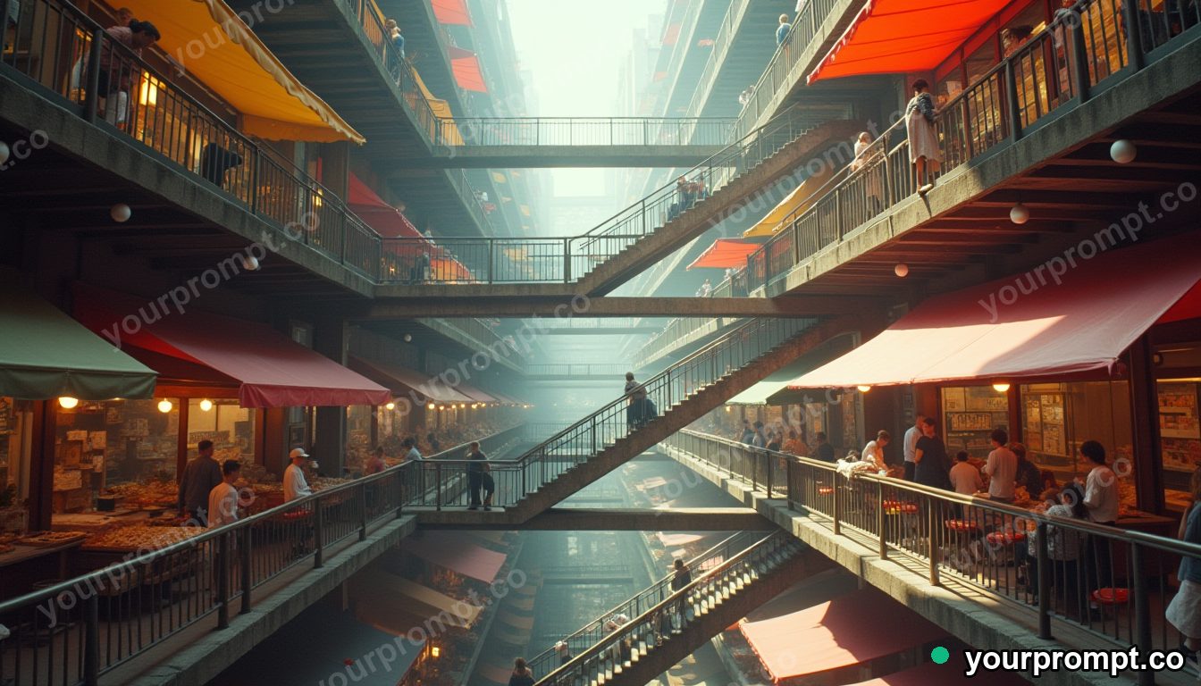 Floating staircase market in cinematic style — AI-generated image from a text prompt