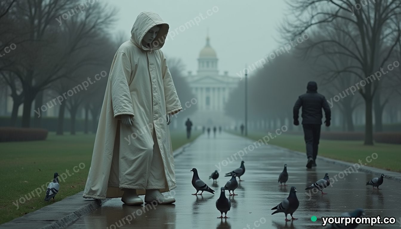 Marble raincoat statue waking up in cinematic style — AI-generated image from a text prompt