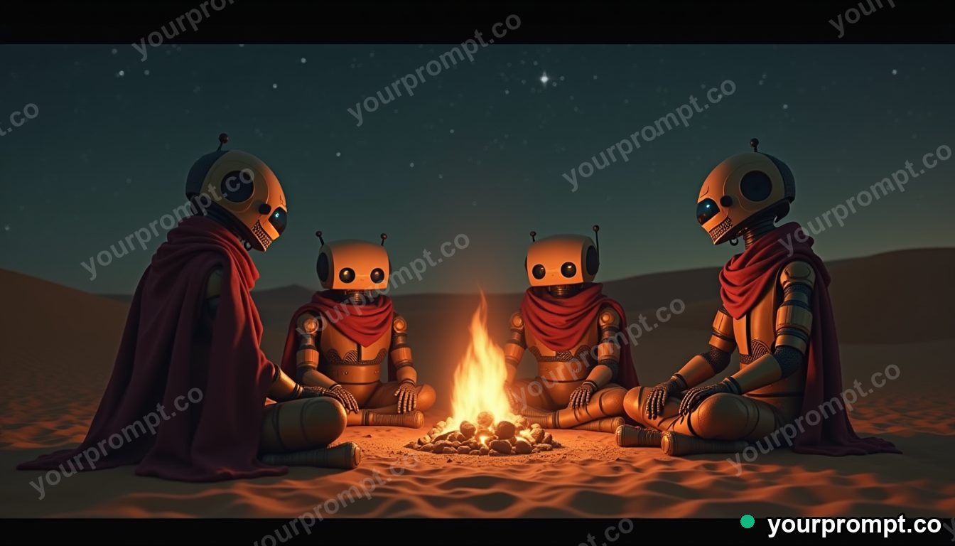 Desert camp for lost robots in cinematic style — AI-generated image from a text prompt