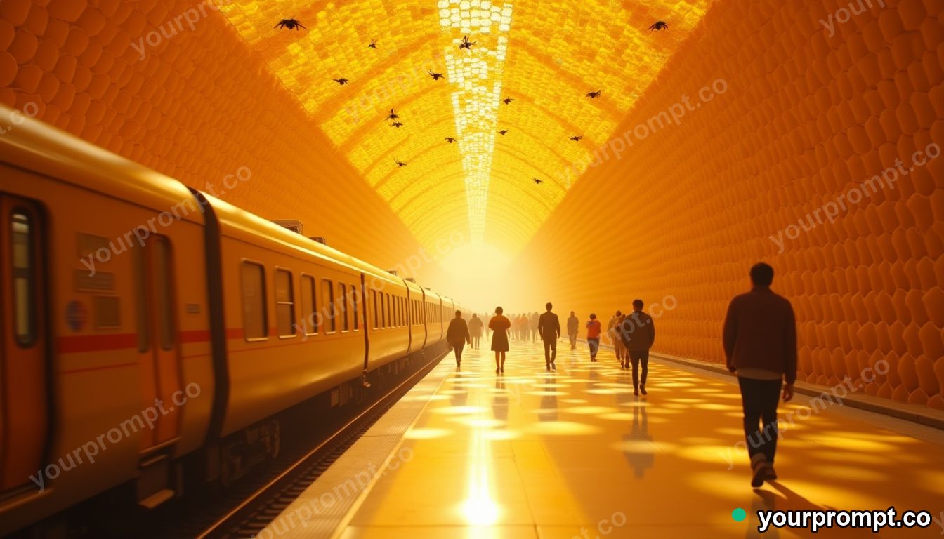 Honeycomb train station in cinematic style — AI-generated image from a text prompt
