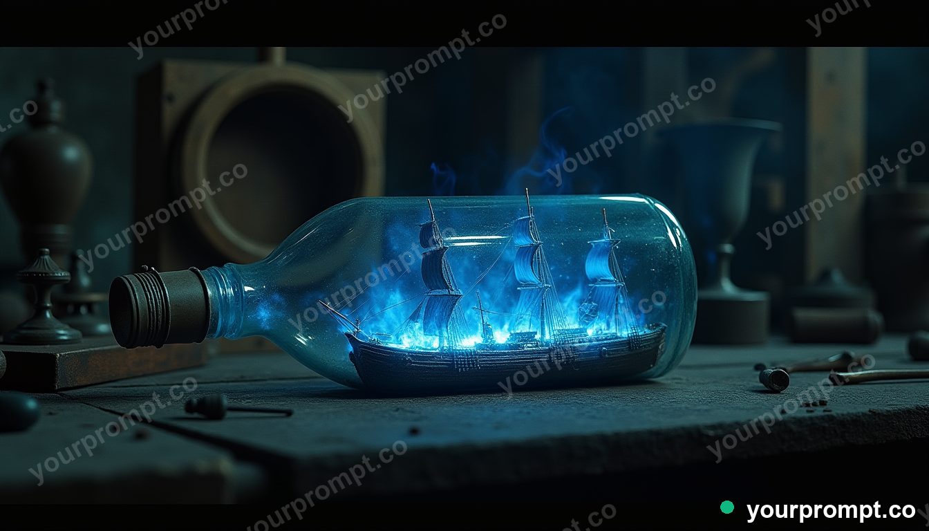 Ghost ship in a bottle workshop in cinematic style — AI-generated image from a text prompt