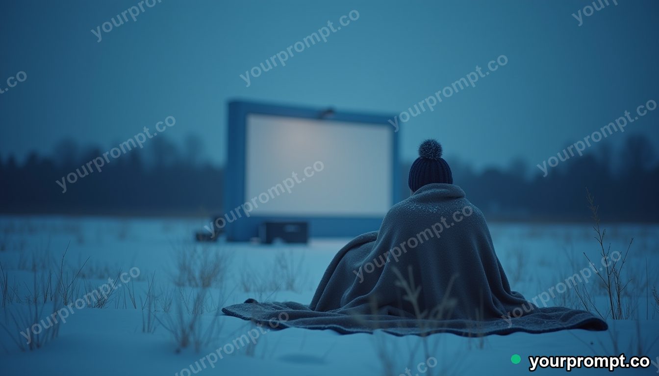 Snowy cinema for one person in cinematic style — AI-generated image from a text prompt