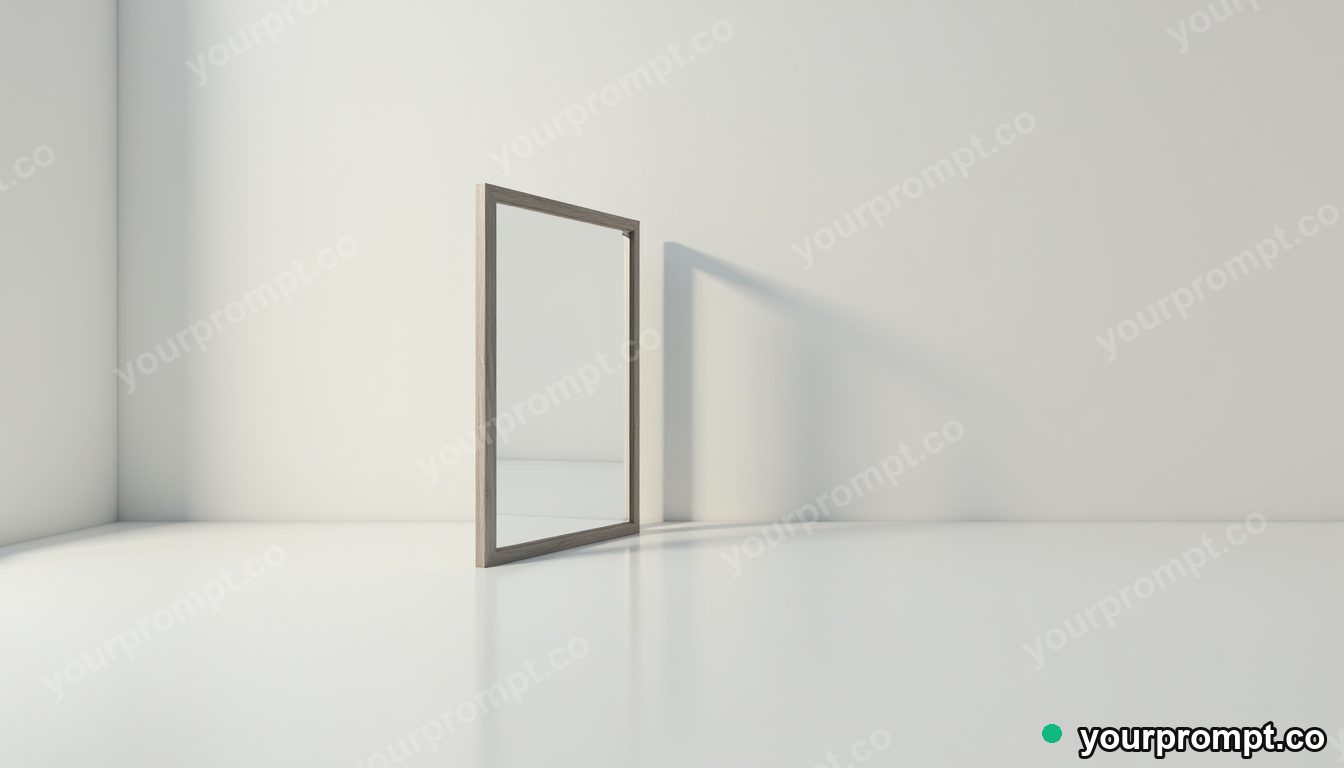 Empty frame tower casting a reflection with the wrong color in a white gallery room · impossible physics surreal — AI-generated image