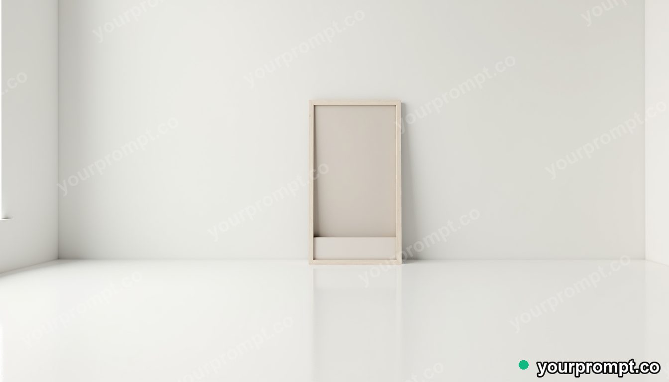 Empty frame tower casting a reflection with the wrong color in a white gallery room · minimal graphic geometry — AI-generated image