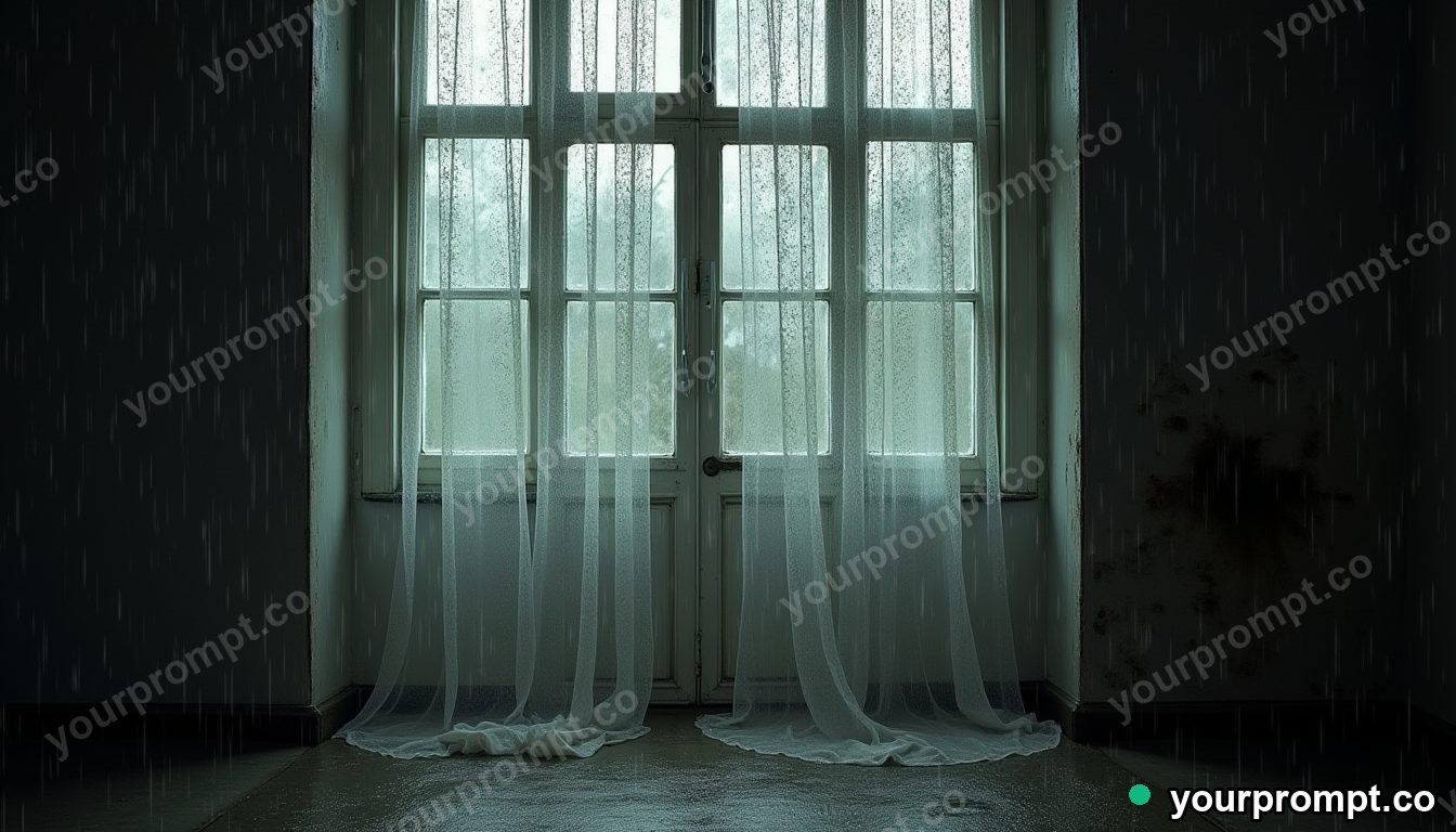Steel lace curtain covered with rain only on one side inside a dust-covered archive · premium material editorial — AI-generated image