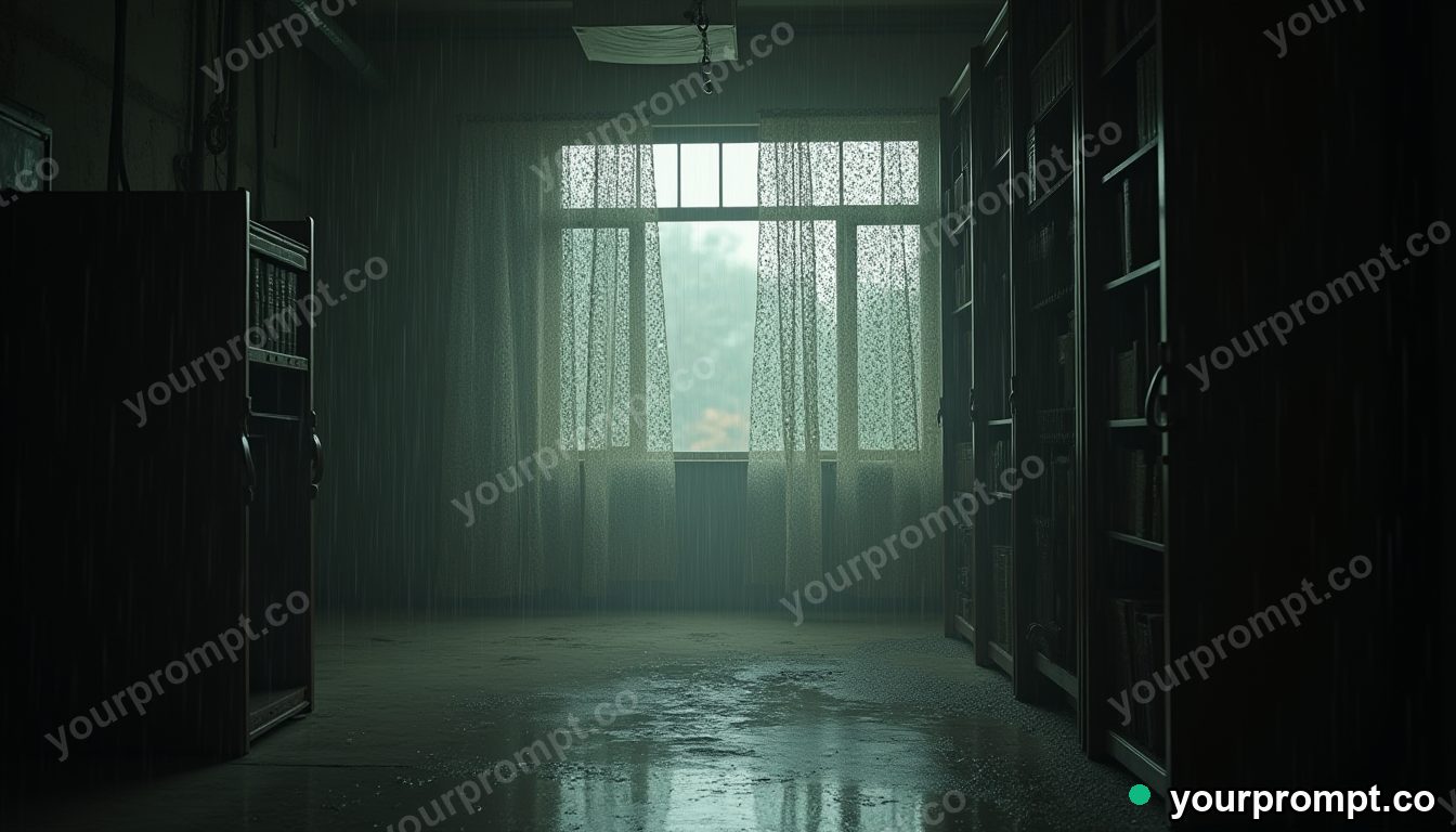 Steel lace curtain covered with rain only on one side inside a dust-covered archive · impossible physics surreal — AI-generated image