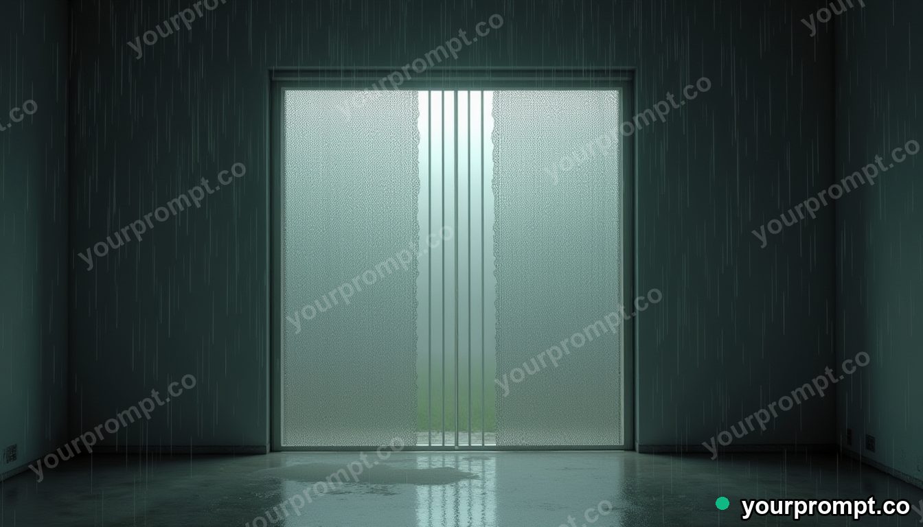 Steel lace curtain covered with rain only on one side inside a dust-covered archive · minimal graphic geometry — AI-generated image