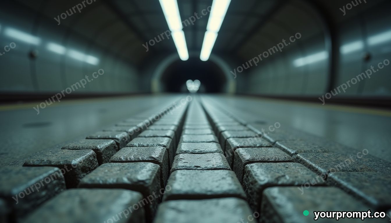 Stone keyboard cut open as a clean material cross-section inside an empty underground station — 5 AI style variations of one prompt