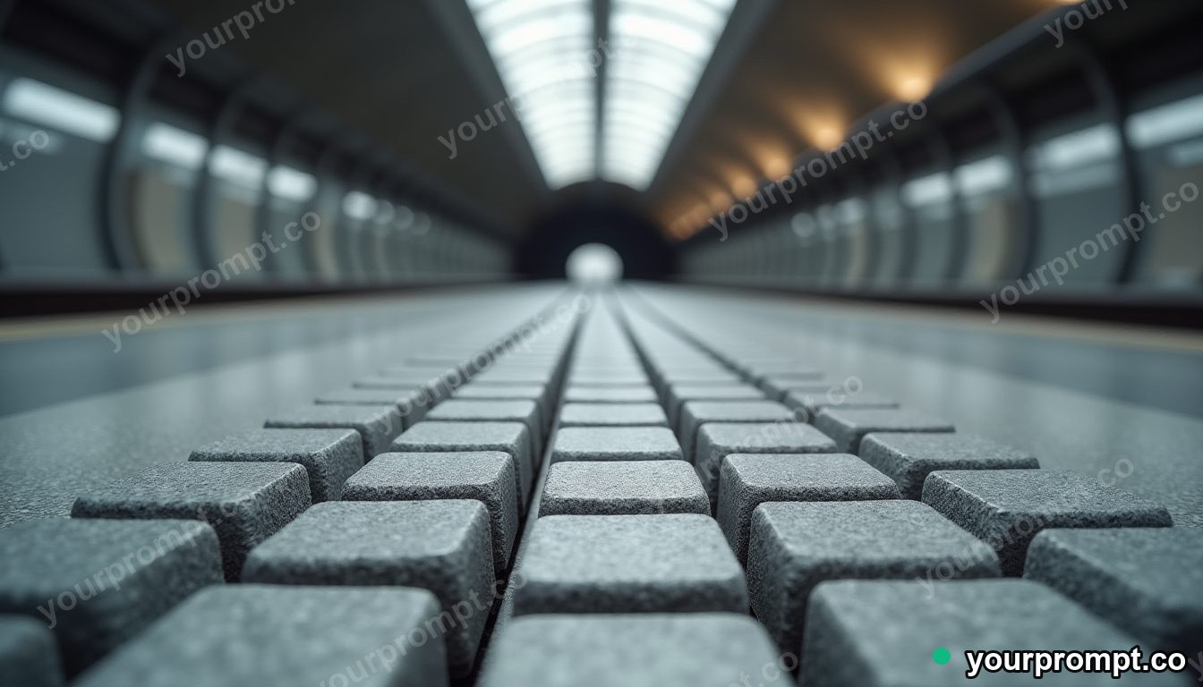 Stone keyboard cut open as a clean material cross-section inside an empty underground station · premium material editorial — AI-generated image