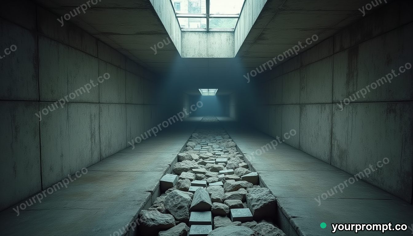 Stone keyboard cut open as a clean material cross-section inside an empty underground station · impossible physics surreal — AI-generated image