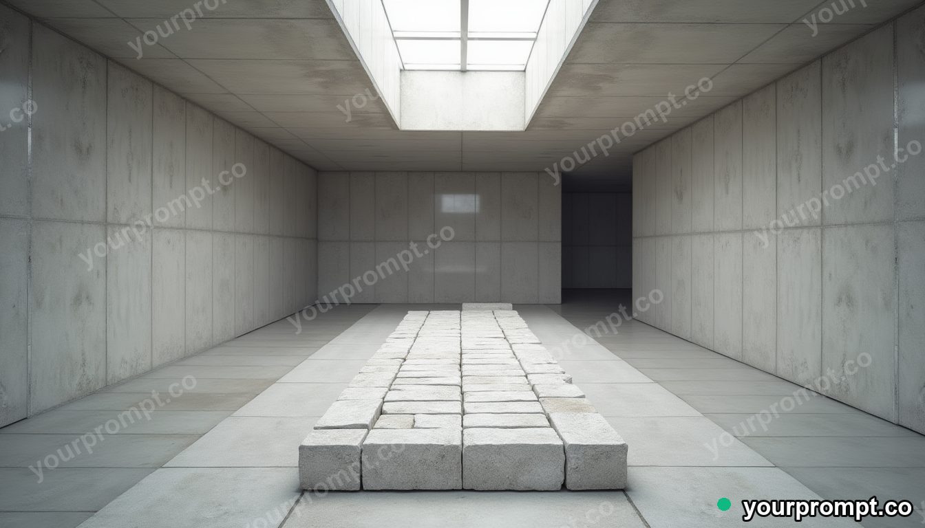 Stone keyboard cut open as a clean material cross-section inside an empty underground station · minimal graphic geometry — AI-generated image