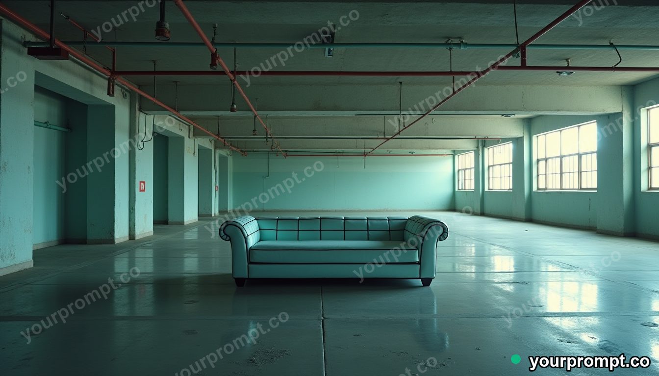 Mirror-tile couch half-covered by a sheet of clear resin inside a deserted parking level — 5 AI style variations of one prompt
