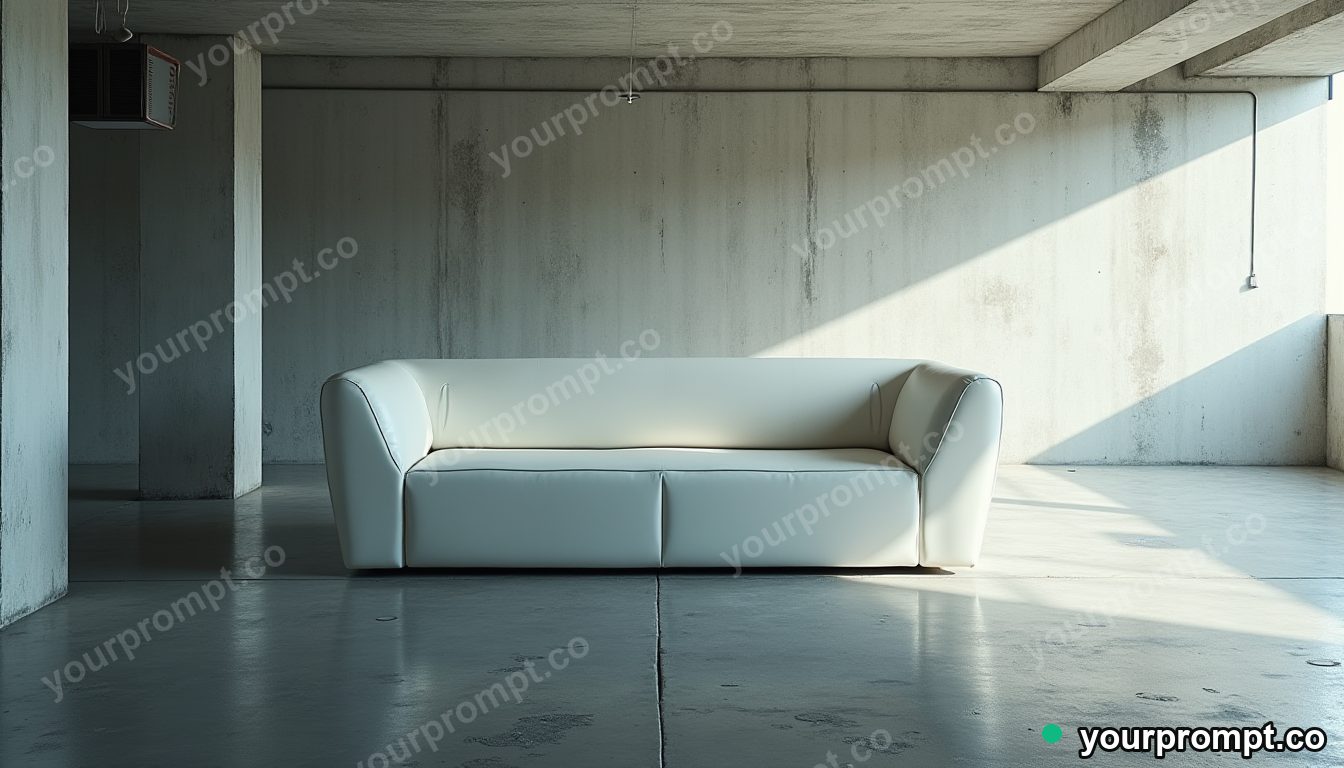 Mirror-tile couch half-covered by a sheet of clear resin inside a deserted parking level · premium material editorial — AI-generated image