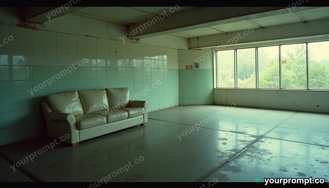 Mirror-tile couch half-covered by a sheet of clear resin inside a deserted parking level · analog empty archive — AI-generated image