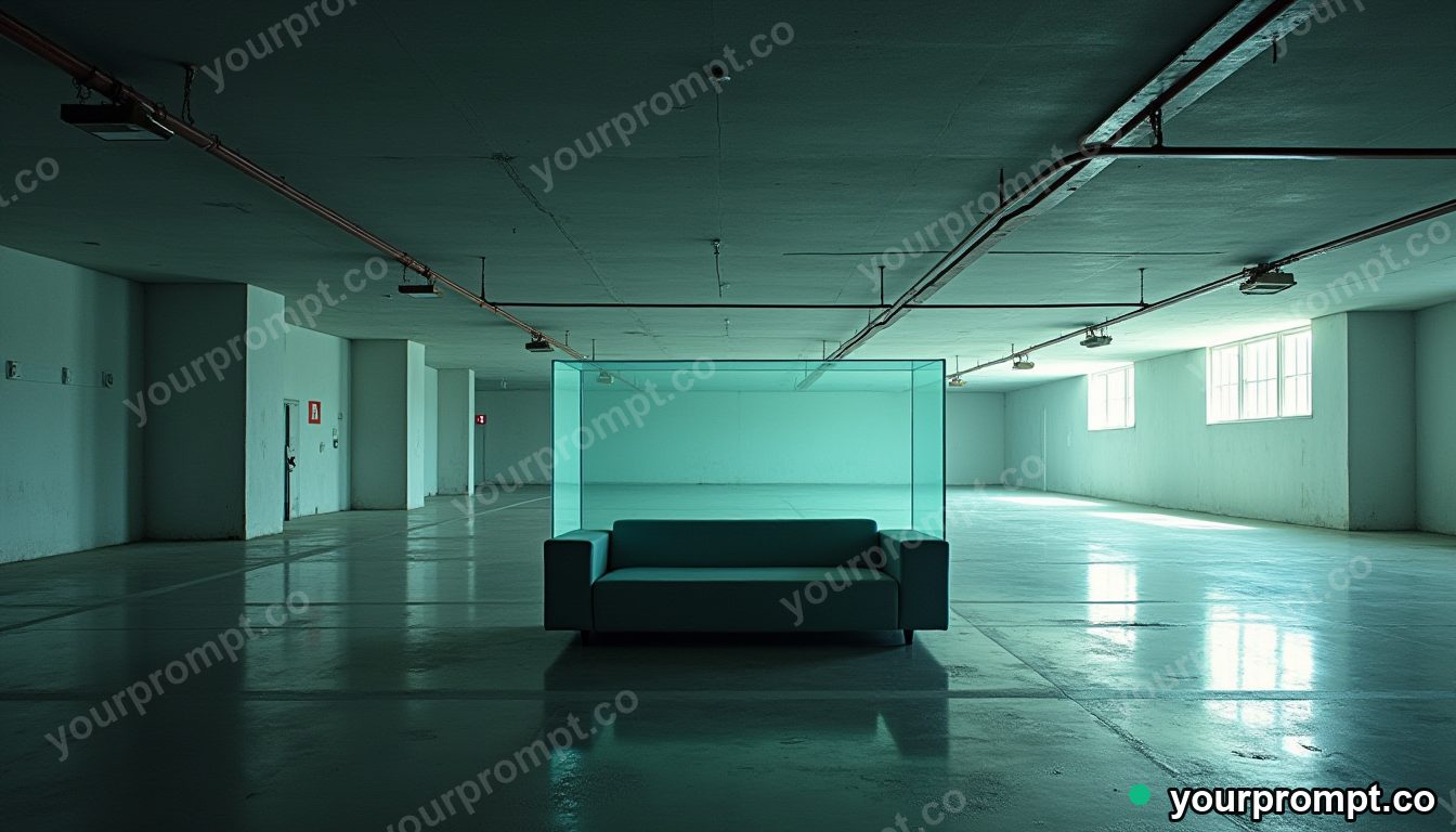 Mirror-tile couch half-covered by a sheet of clear resin inside a deserted parking level · impossible physics surreal — AI-generated image