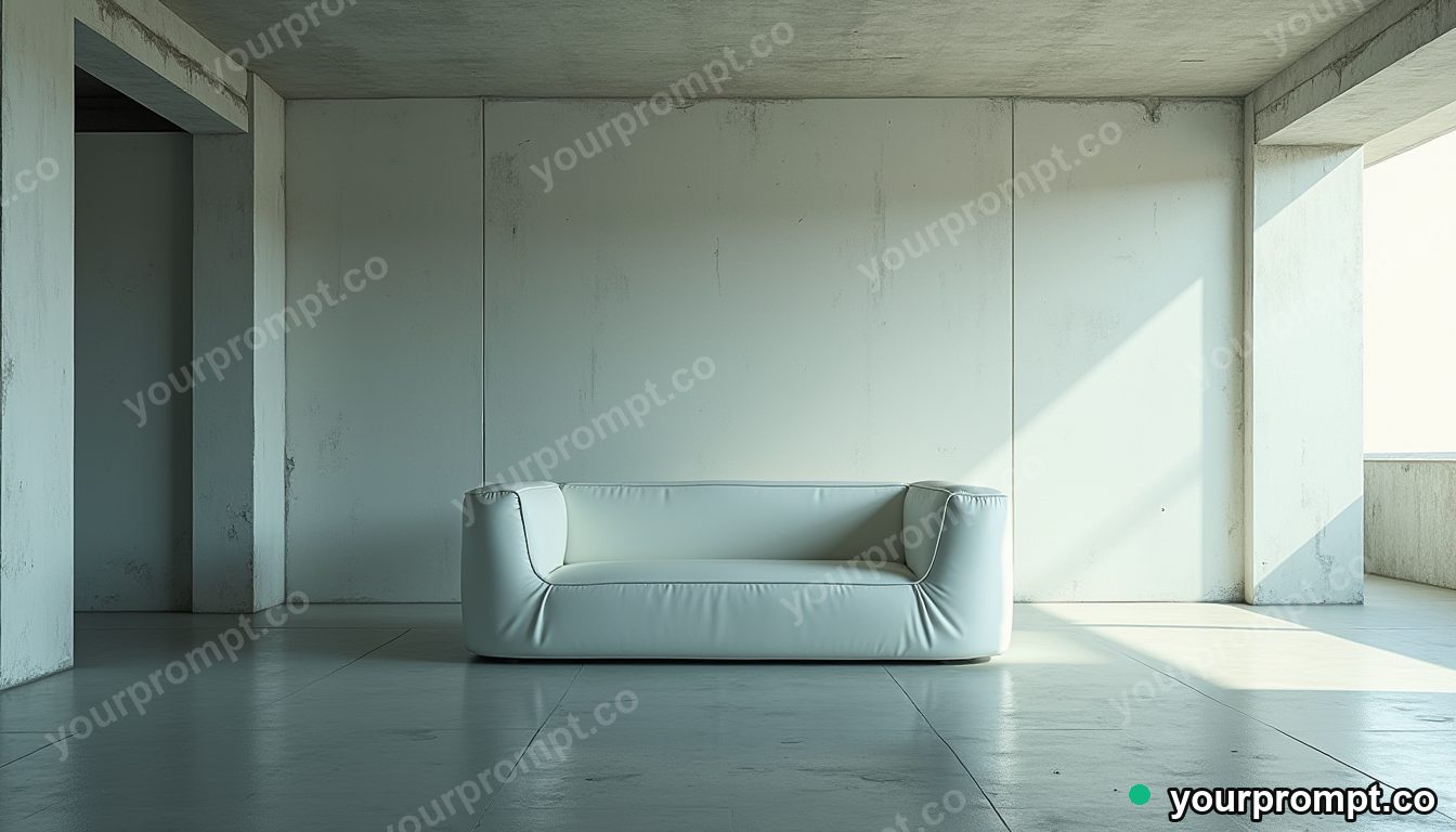 Mirror-tile couch half-covered by a sheet of clear resin inside a deserted parking level · minimal graphic geometry — AI-generated image
