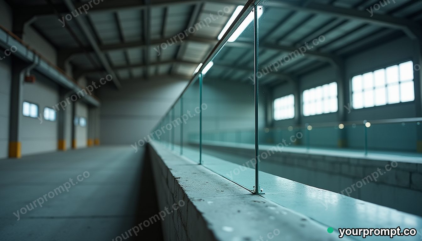 Glass curtain rail slowly turning into polished stone inside a quiet warehouse — 5 AI style variations of one prompt