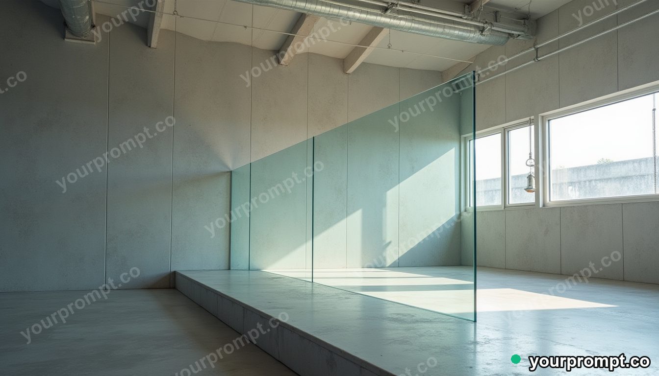 Glass curtain rail slowly turning into polished stone inside a quiet warehouse · premium material editorial — AI-generated image