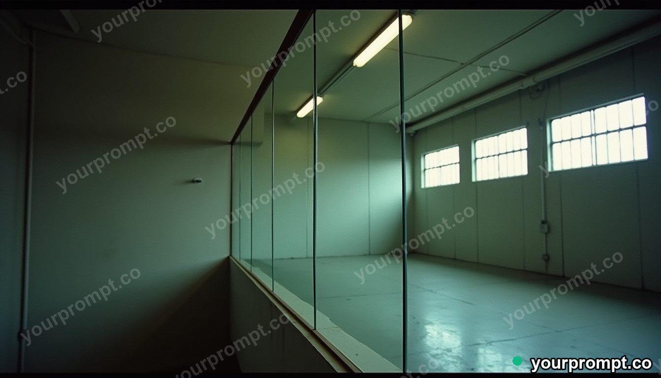 Glass curtain rail slowly turning into polished stone inside a quiet warehouse · analog empty archive — AI-generated image