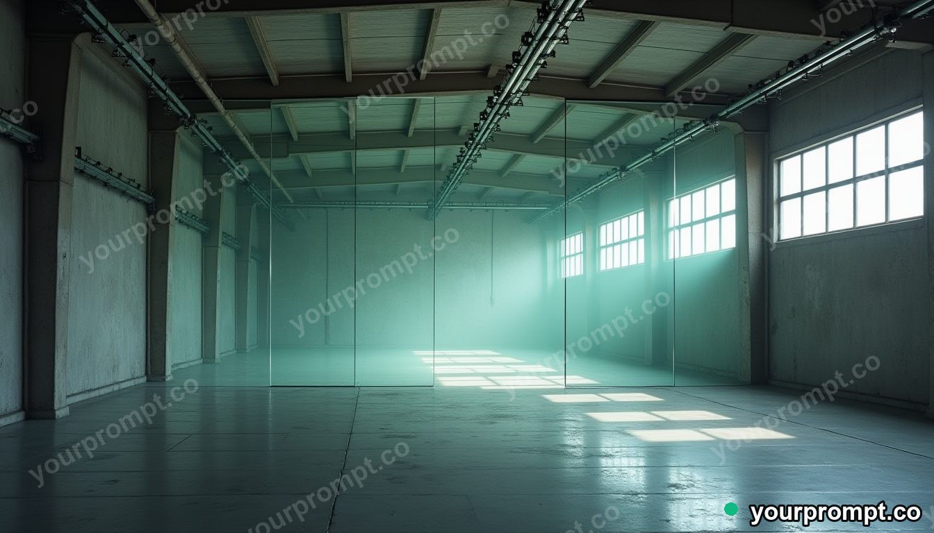 Glass curtain rail slowly turning into polished stone inside a quiet warehouse · impossible physics surreal — AI-generated image