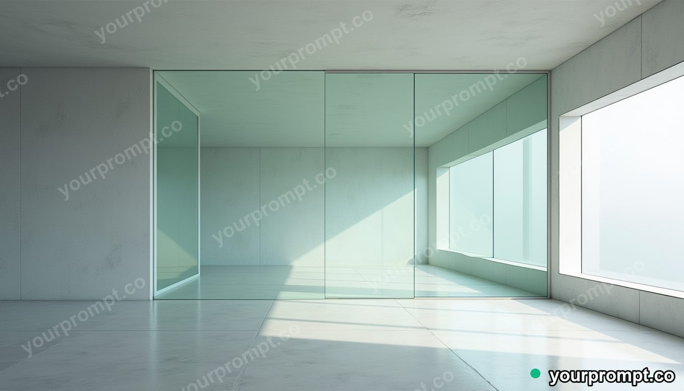 Glass curtain rail slowly turning into polished stone inside a quiet warehouse · minimal graphic geometry — AI-generated image