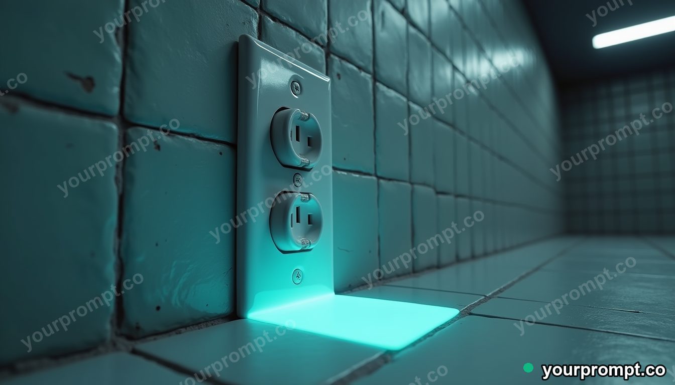 Opal wall socket melting into geometric tiles inside a quiet warehouse — 5 AI style variations of one prompt
