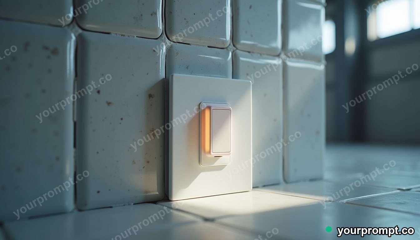Opal wall socket melting into geometric tiles inside a quiet warehouse · premium material editorial — AI-generated image