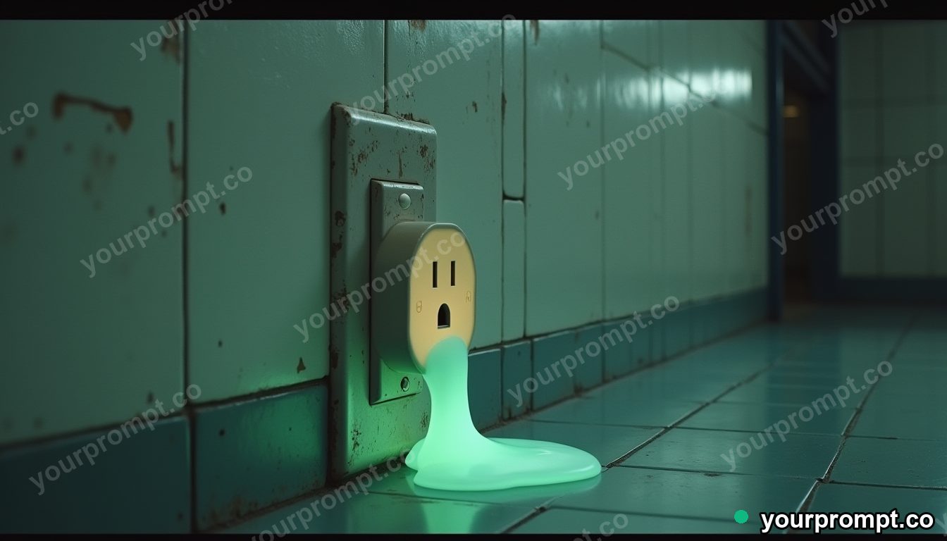 Opal wall socket melting into geometric tiles inside a quiet warehouse · analog empty archive — AI-generated image