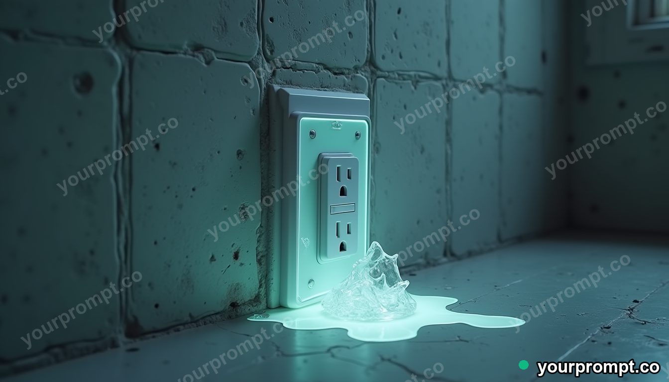 Opal wall socket melting into geometric tiles inside a quiet warehouse · impossible physics surreal — AI-generated image