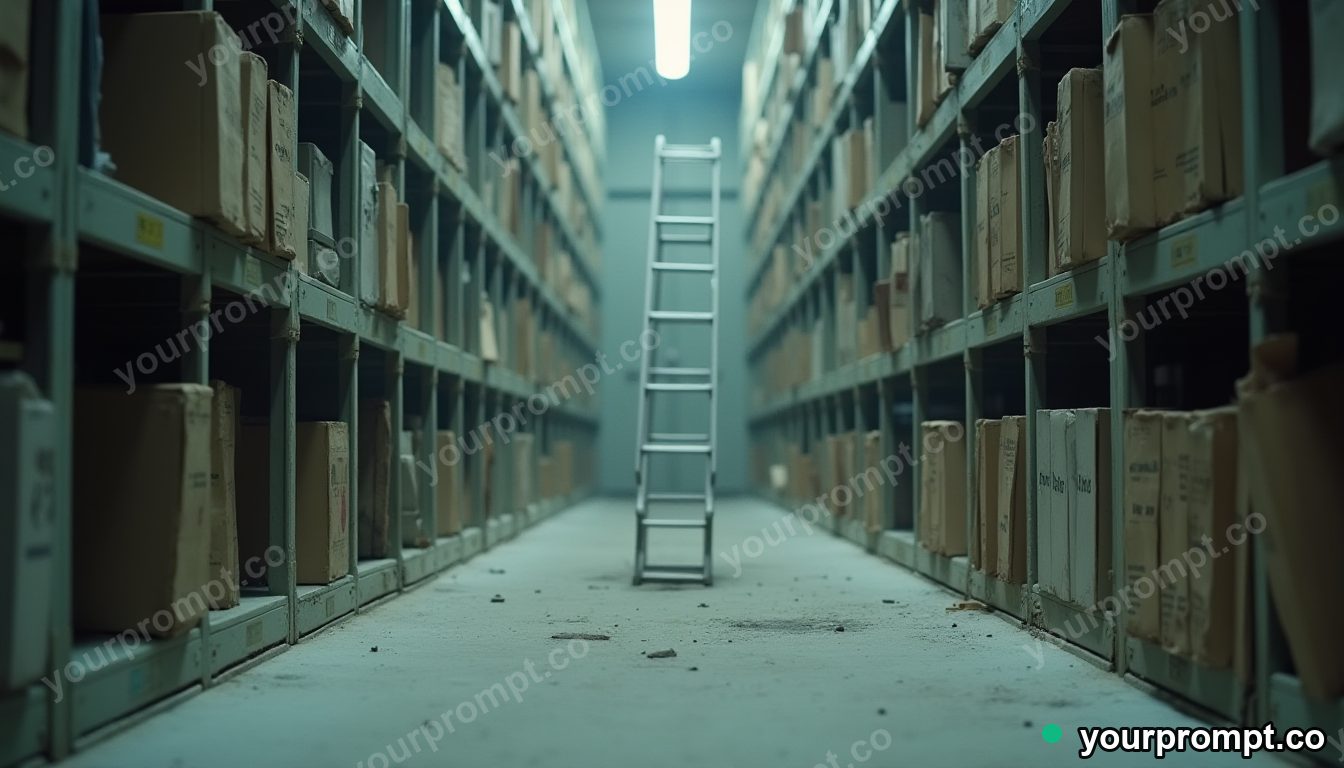 White ladder partly sinking into a perfectly flat floor inside a dust-covered archive — 5 AI style variations of one prompt