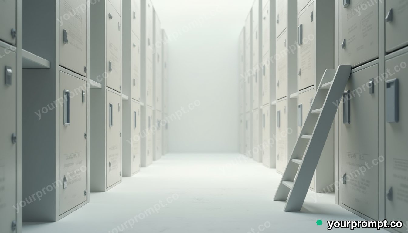 White ladder partly sinking into a perfectly flat floor inside a dust-covered archive · premium material editorial — AI-generated image