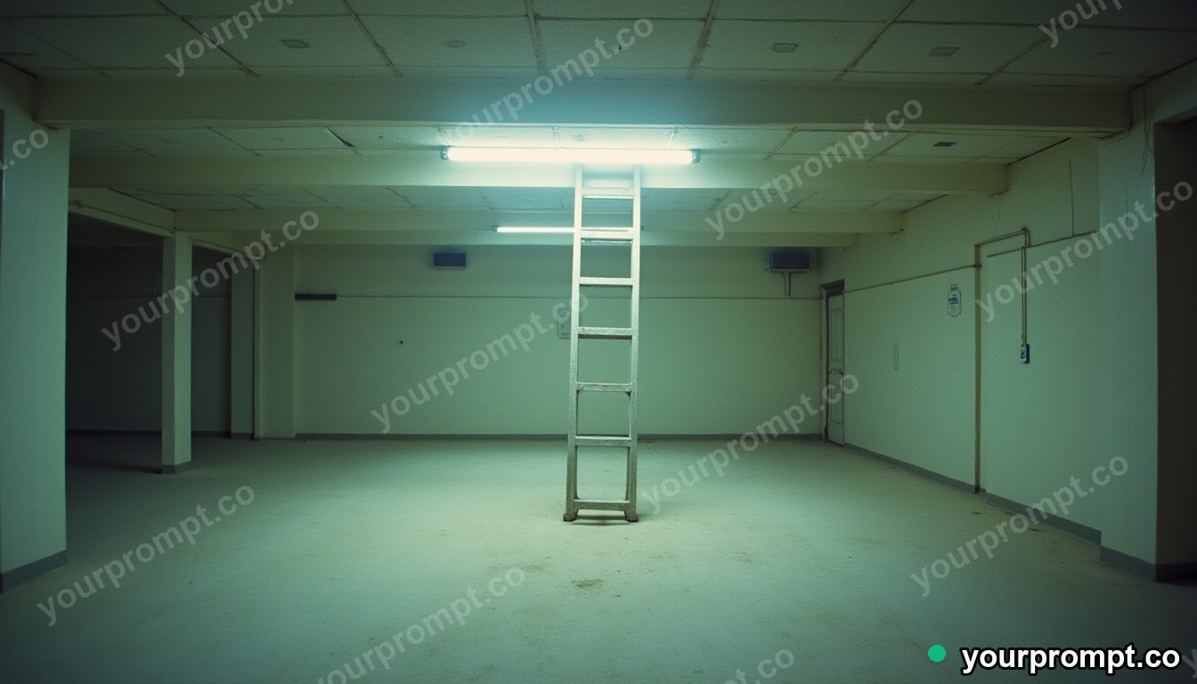 White ladder partly sinking into a perfectly flat floor inside a dust-covered archive · analog empty archive — AI-generated image