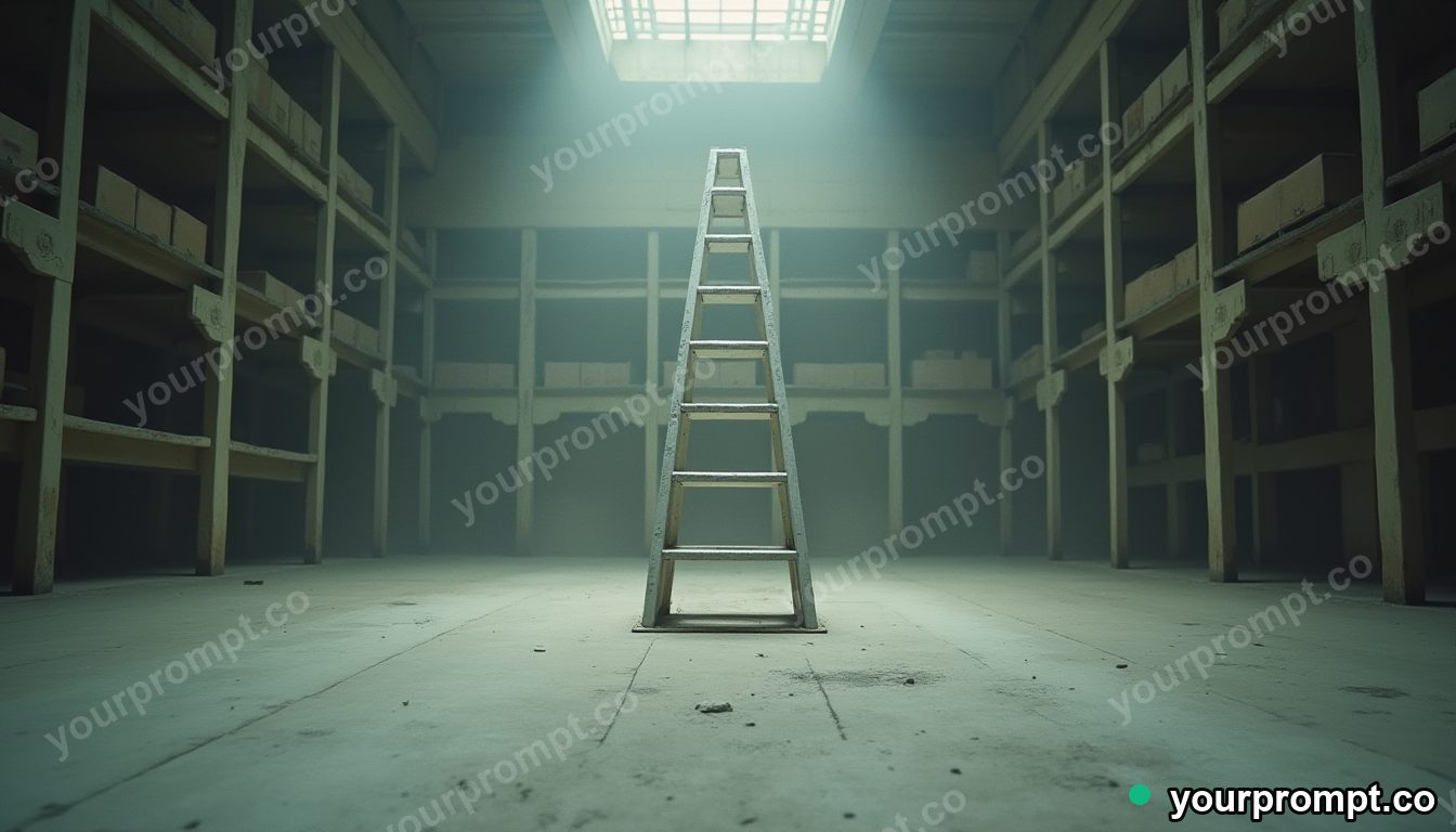 White ladder partly sinking into a perfectly flat floor inside a dust-covered archive · impossible physics surreal — AI-generated image