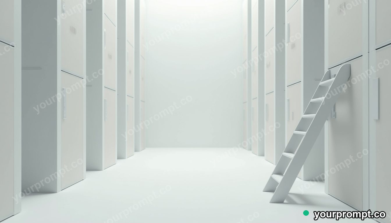 White ladder partly sinking into a perfectly flat floor inside a dust-covered archive · minimal graphic geometry — AI-generated image