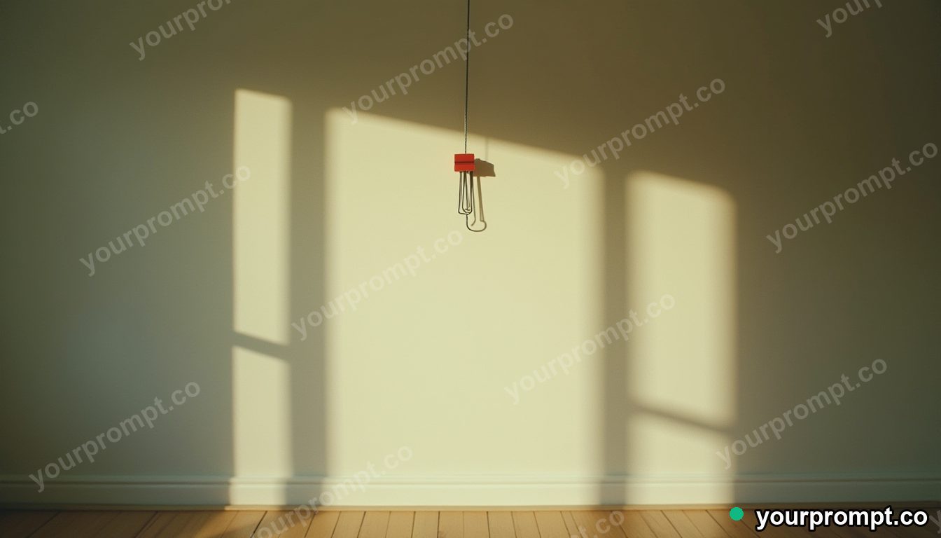 Paperclip bridge section casting a shadow that points upward inside a minimalist apartment room · analog empty archive — AI-generated image