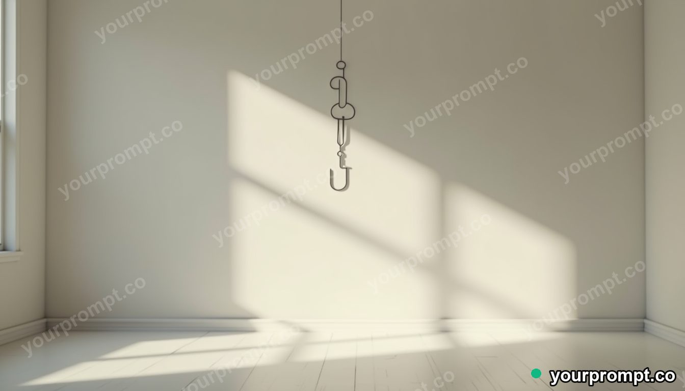 Paperclip bridge section casting a shadow that points upward inside a minimalist apartment room · impossible physics surreal — AI-generated image