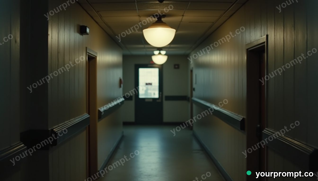Granite lampshade glowing from seams and hinges inside a quiet municipal hallway — 5 AI style variations of one prompt