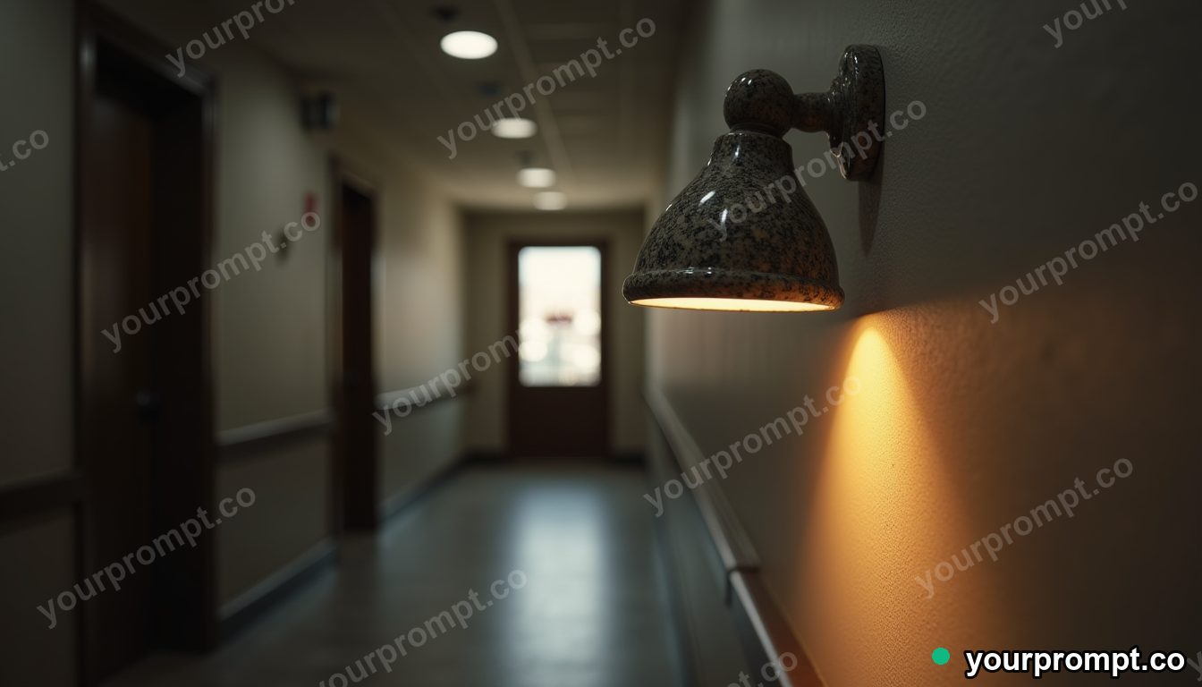 Granite lampshade glowing from seams and hinges inside a quiet municipal hallway · premium material editorial — AI-generated image
