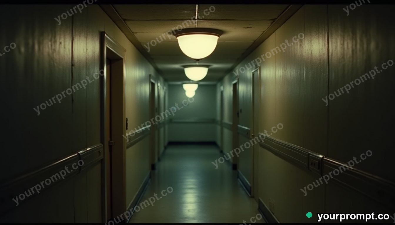 Granite lampshade glowing from seams and hinges inside a quiet municipal hallway · analog empty archive — AI-generated image