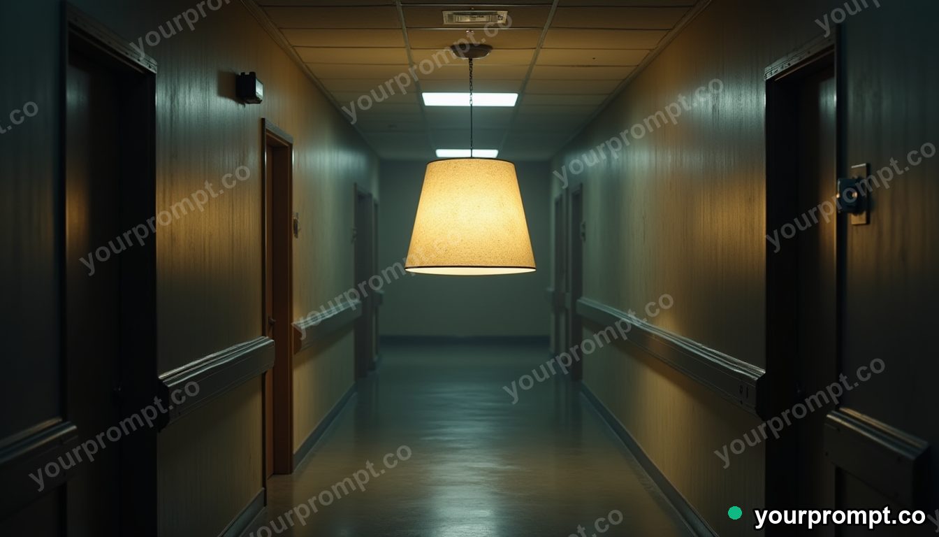 Granite lampshade glowing from seams and hinges inside a quiet municipal hallway · impossible physics surreal — AI-generated image