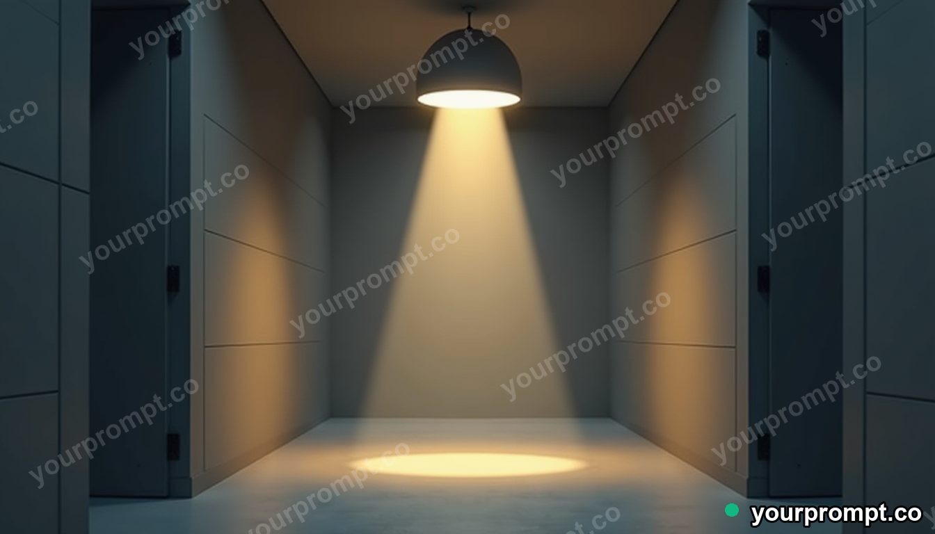 Granite lampshade glowing from seams and hinges inside a quiet municipal hallway · minimal graphic geometry — AI-generated image