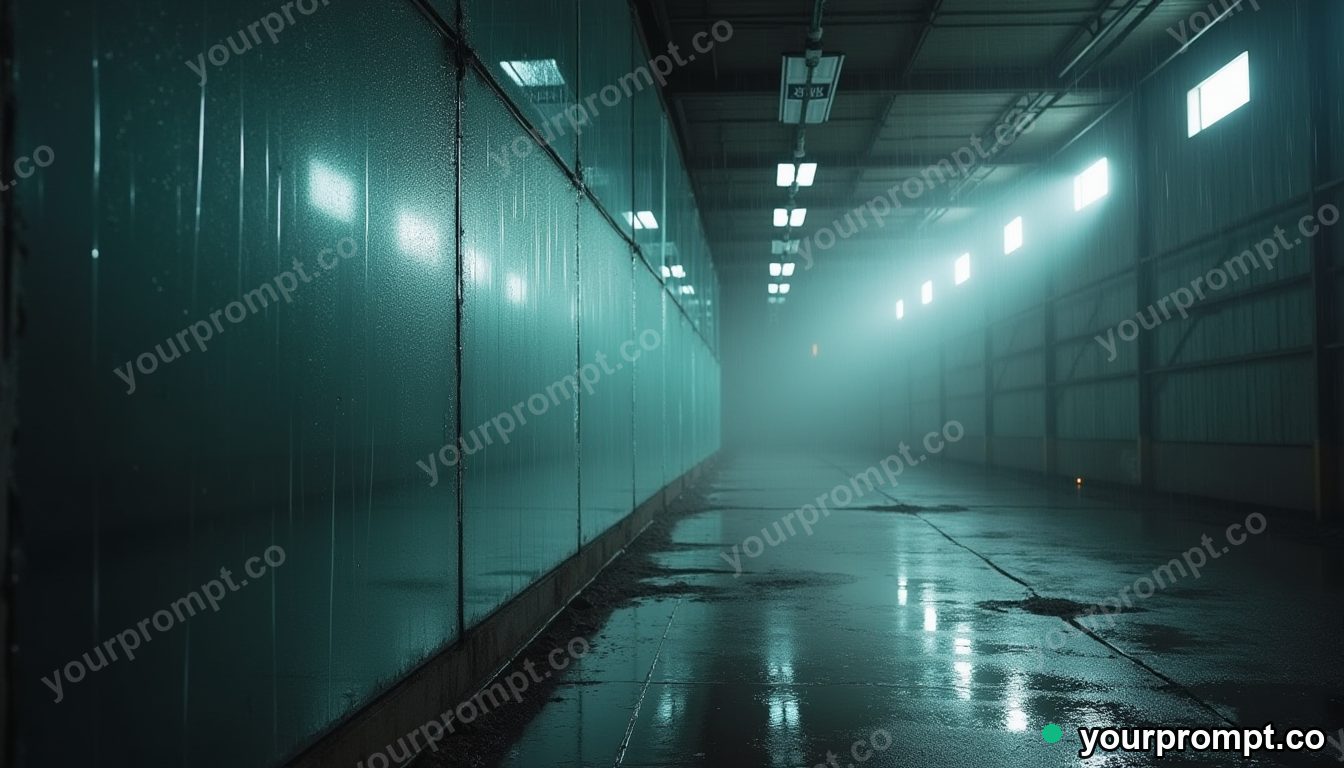 Frosted mirror covered with rain only on one side inside a quiet warehouse — 5 AI style variations of one prompt