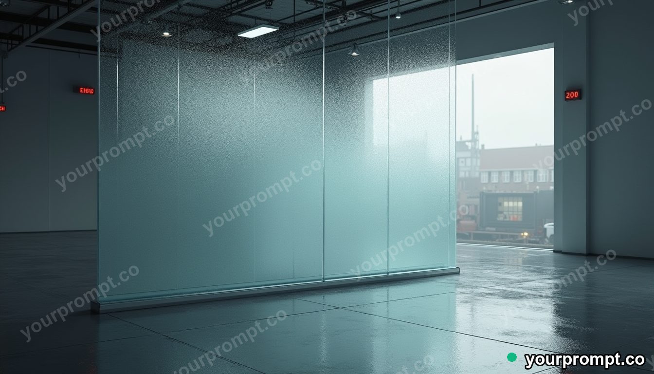 Frosted mirror covered with rain only on one side inside a quiet warehouse · premium material editorial — AI-generated image