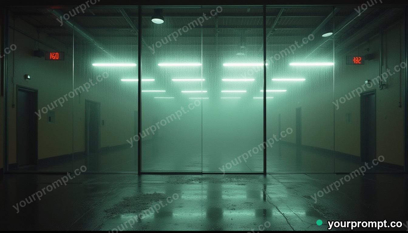 Frosted mirror covered with rain only on one side inside a quiet warehouse · analog empty archive — AI-generated image