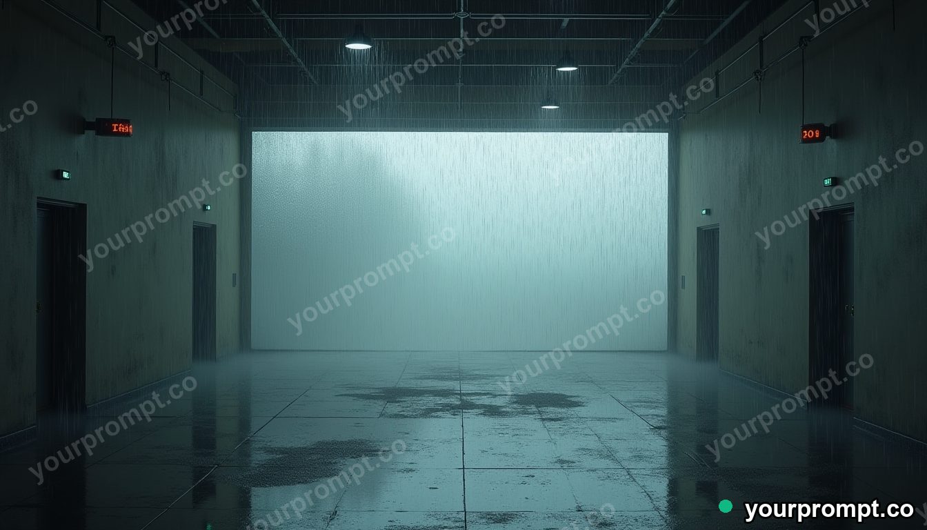 Frosted mirror covered with rain only on one side inside a quiet warehouse · impossible physics surreal — AI-generated image