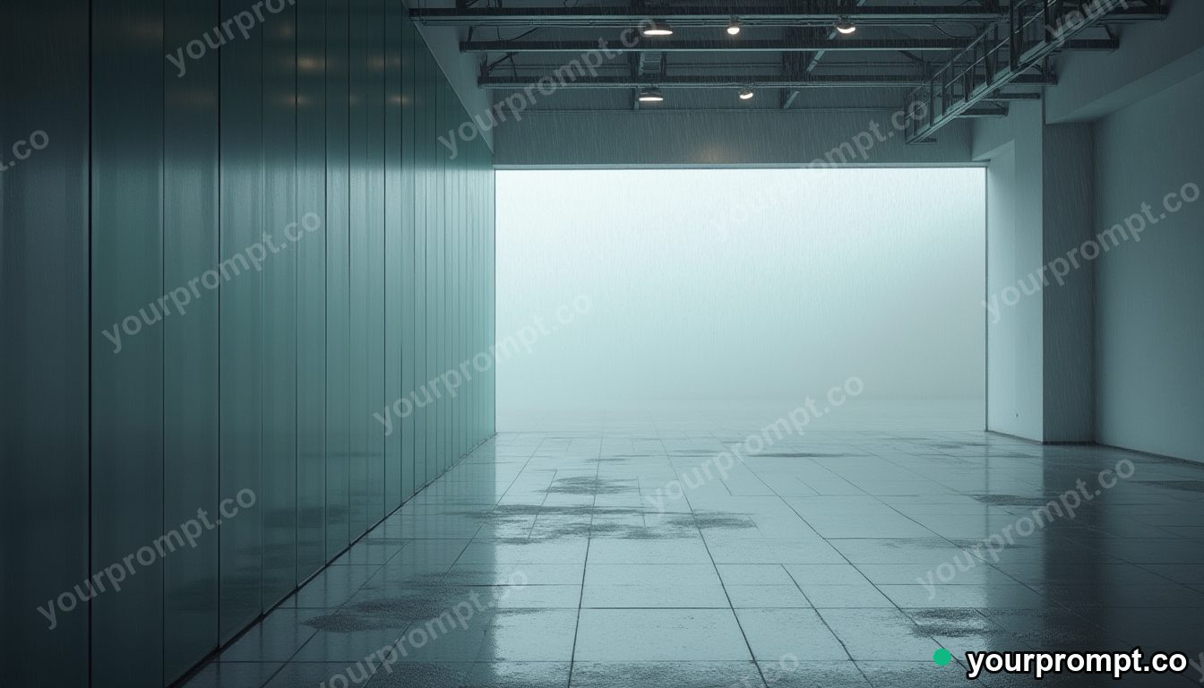Frosted mirror covered with rain only on one side inside a quiet warehouse · minimal graphic geometry — AI-generated image