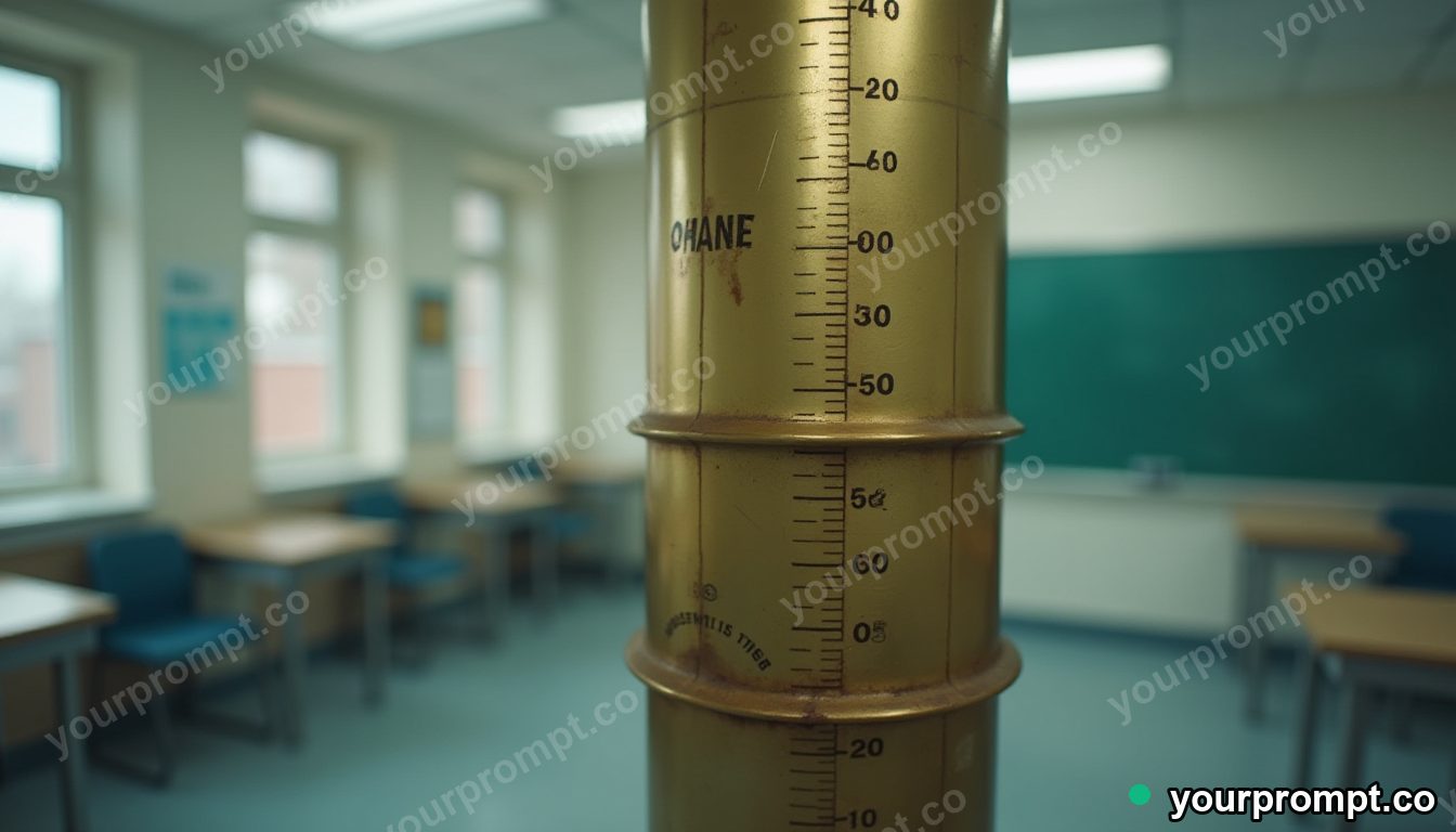 Brass ventilation pipe surrounded by precise measurement marks without numbers inside an empty classroom — 5 AI style variations of one prompt