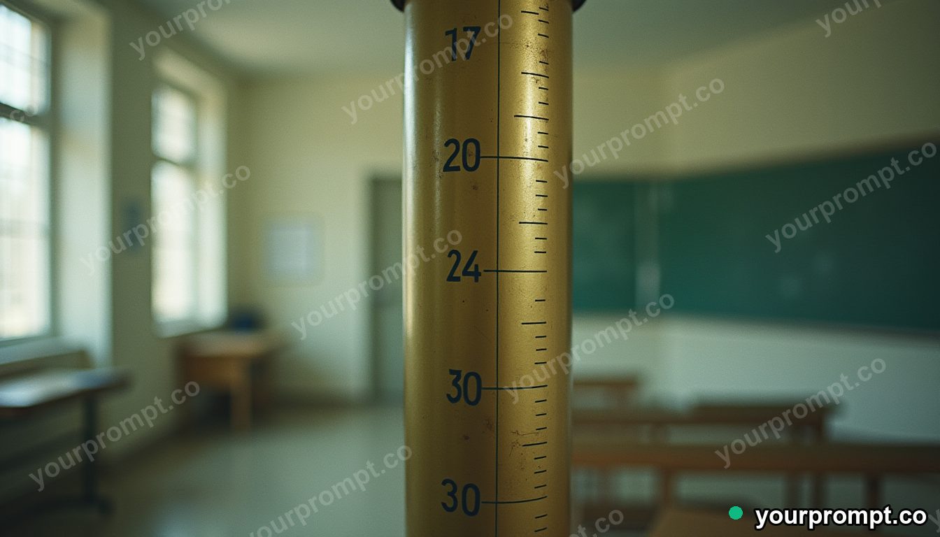 Brass ventilation pipe surrounded by precise measurement marks without numbers inside an empty classroom · analog empty archive — AI-generated image